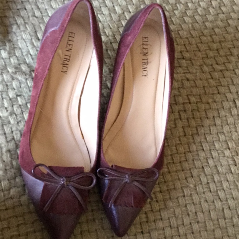 Burgundy pointed toe heels with suede trim